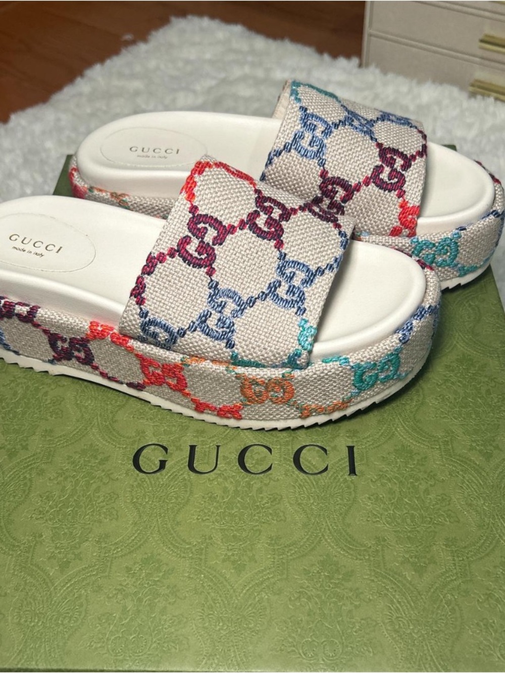 Gucci Multicolor Embroidered GG Platform Slides - White
